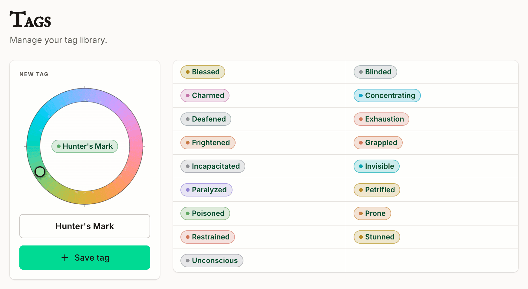 The Settings Tags pane in TurnWarden showing the composer on the left and the preset grid on the right.