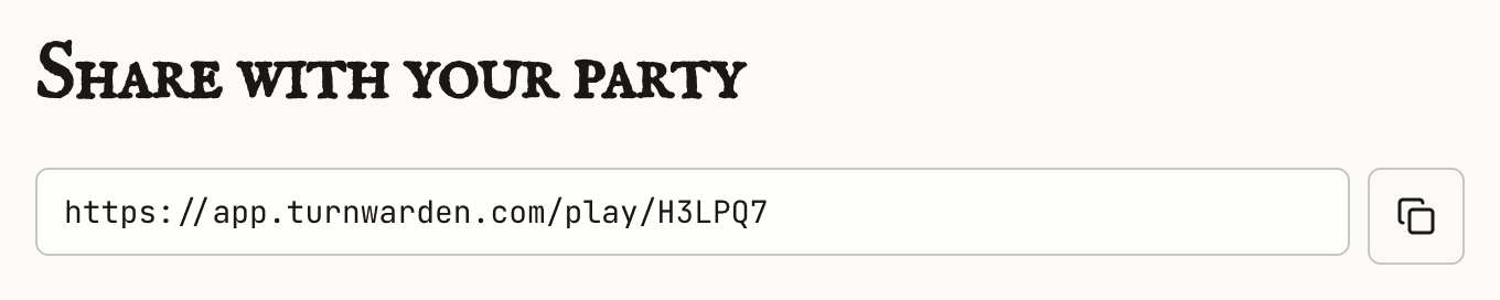 The Share with your party pane in TurnWarden Settings, showing the player view URL and a copy button.