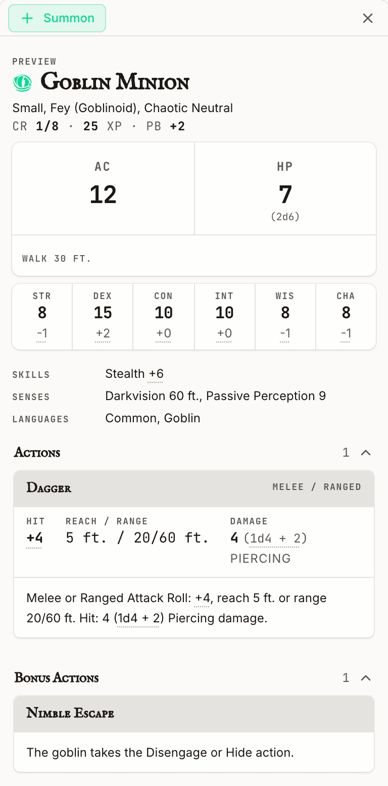 The imported Goblin Minion's Stat Block in TurnWarden: AC 12, 7 HP, its ability scores, its Dagger attack and Nimble Escape.