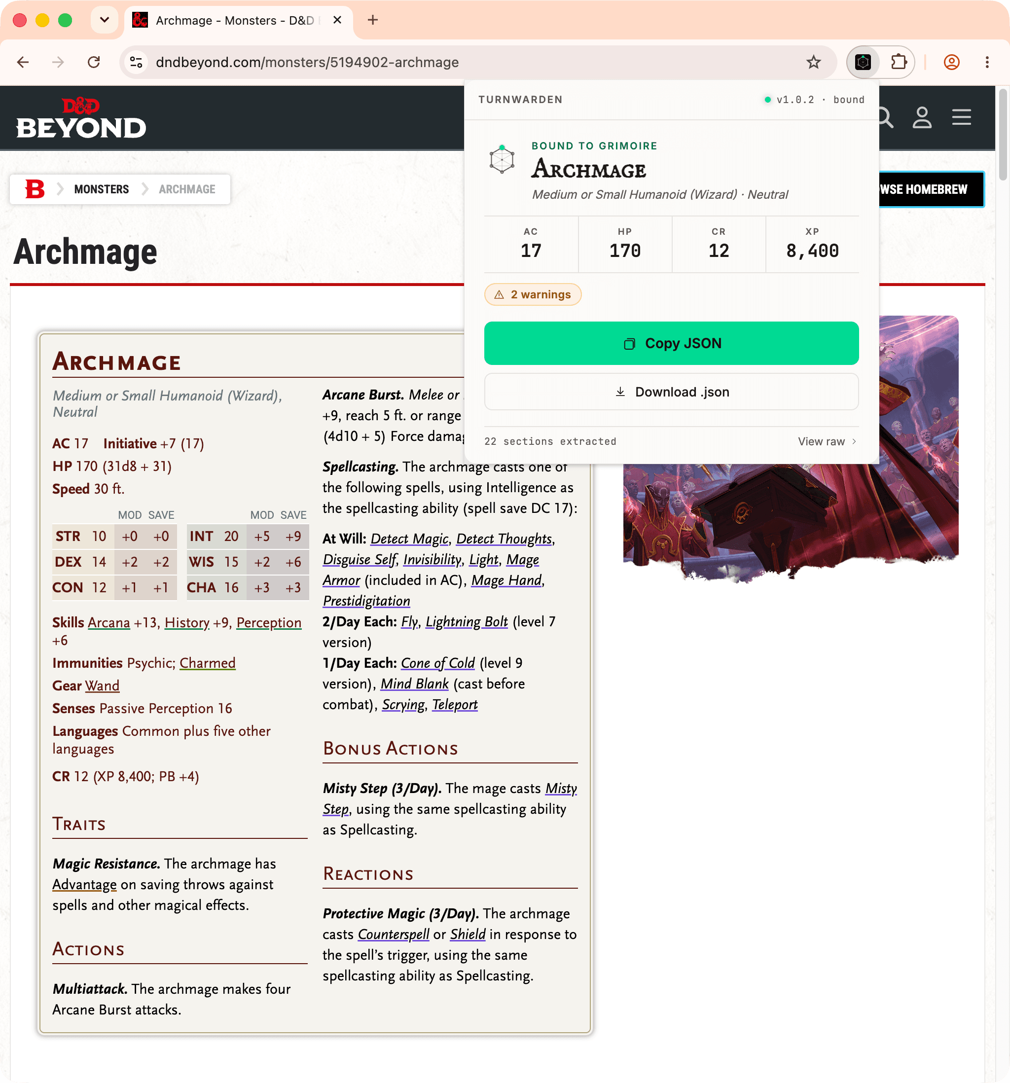 D&D Beyond monster page with the TurnWarden Extension popup overlaid, showing the parsed stat block ready to copy