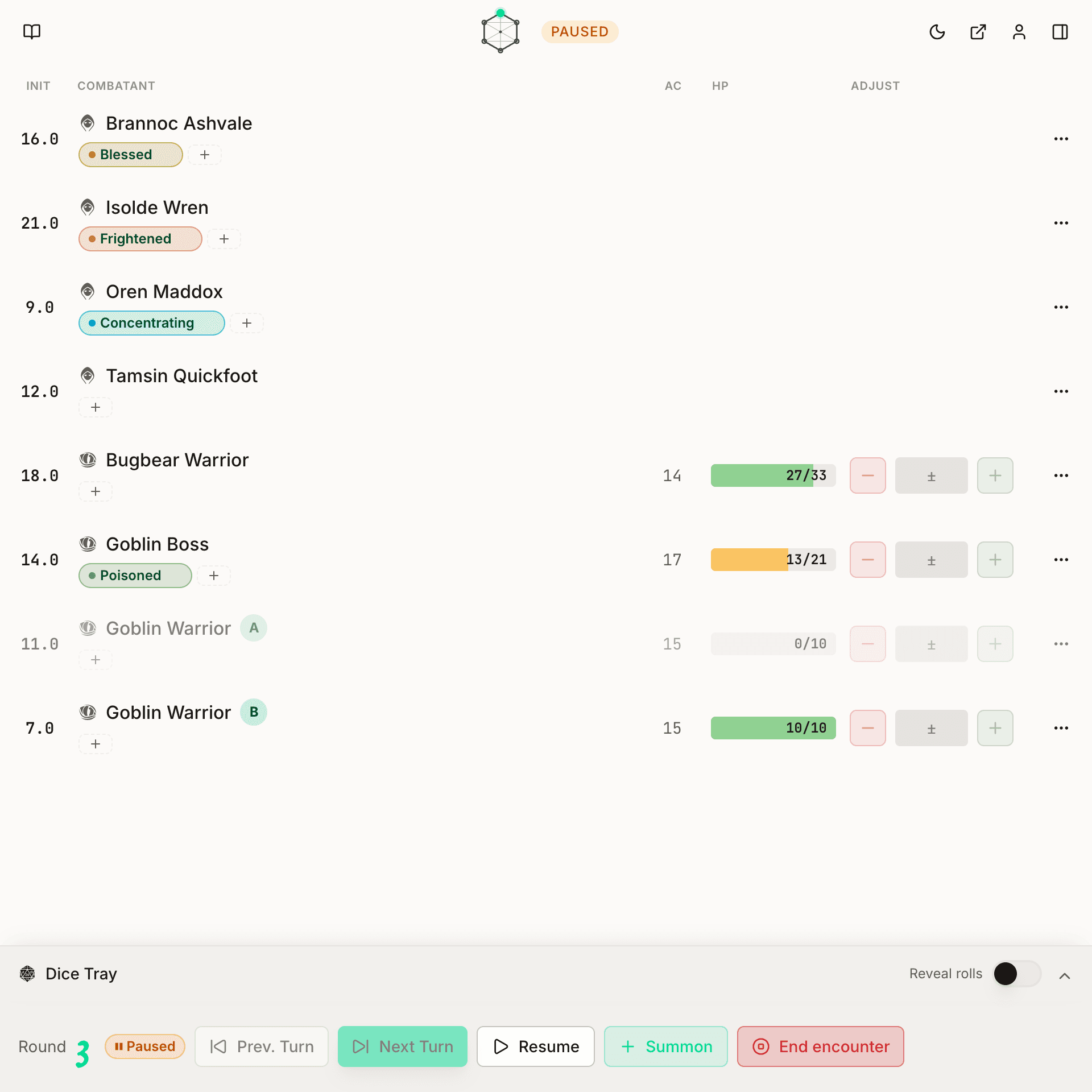 The DM tracker with a paused encounter: the amber Paused badge at the top, every combatant with its HP and tags, and Resume in the footer next to a Paused pill.