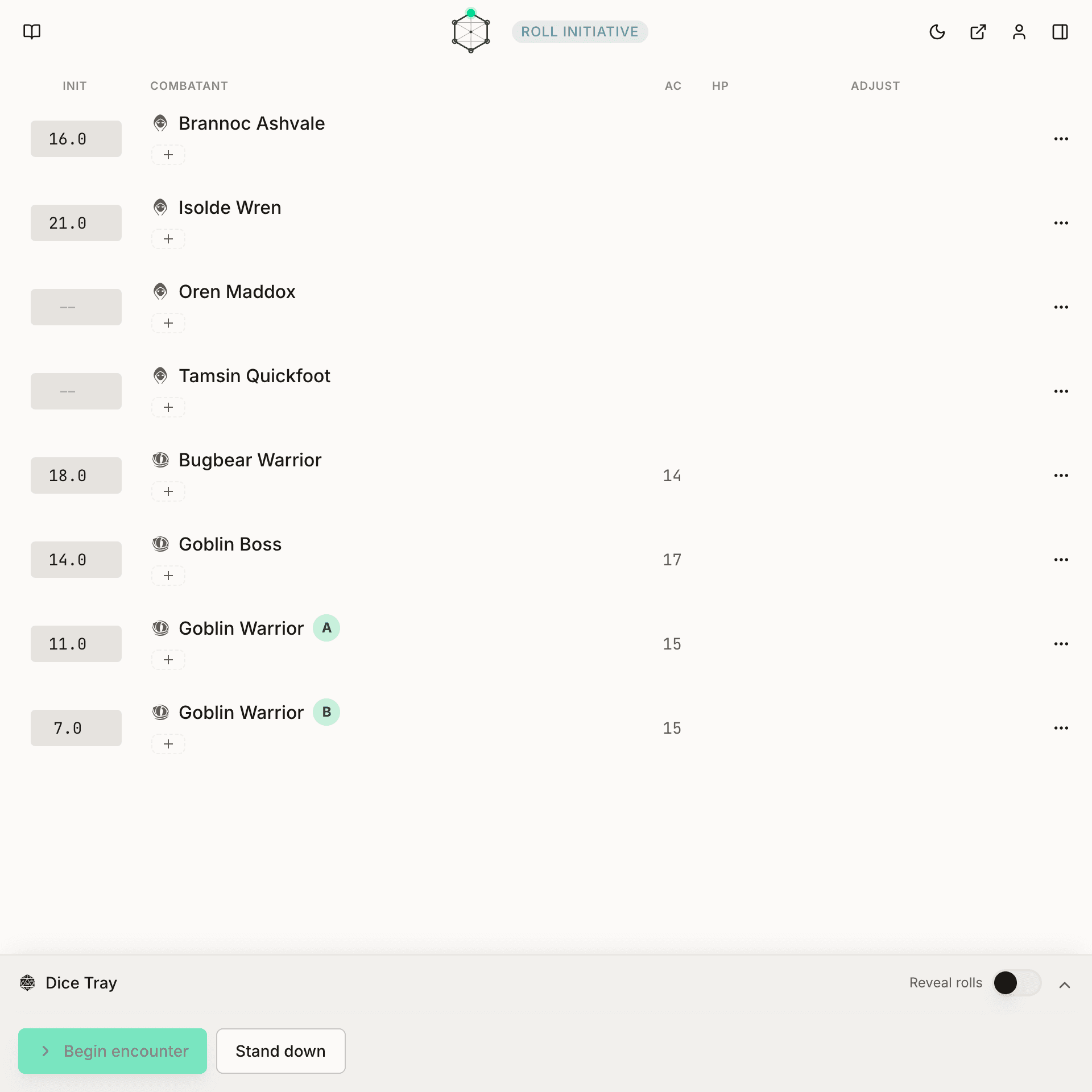 The tracker collecting initiative: most combatants have a value, two player characters are still blank, and Begin encounter is not yet available.