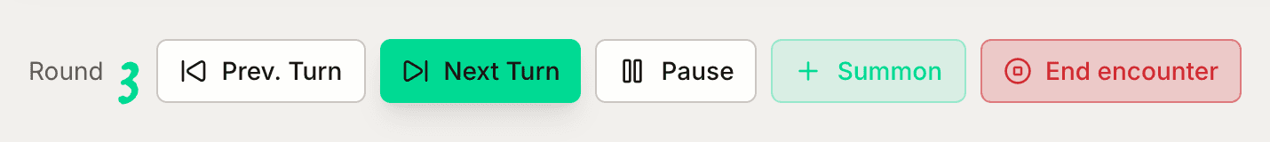 The tracker footer during combat: the round number, then Prev. Turn, Next Turn, Pause, Summon, and End encounter buttons.