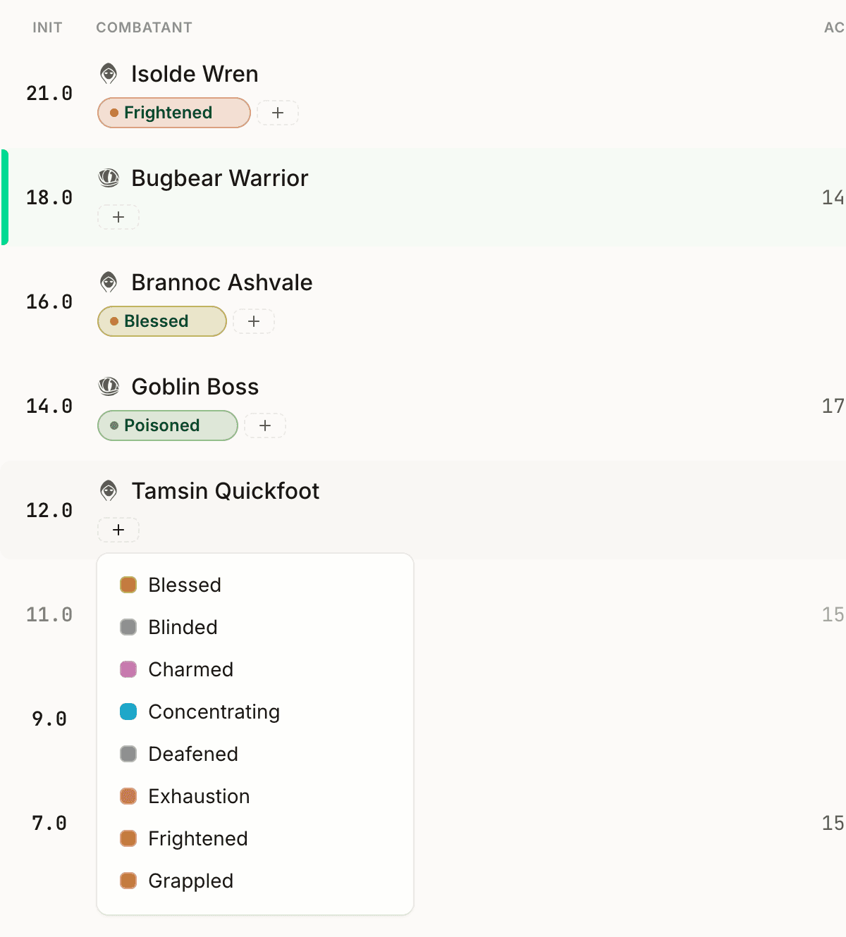 The tag picker open under Tamsin Quickfoot's row, listing Blessed, Blinded, Charmed, Concentrating, and more, while other rows already show Frightened, Blessed, and Poisoned pills.