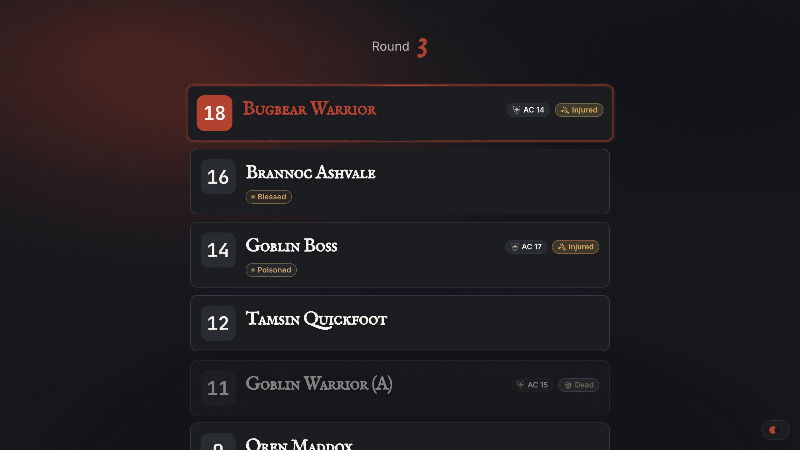 The player view at desktop width in the Grimdark theme: round 3, the Bugbear Warrior's turn highlighted, and each combatant's initiative, tags, and health status.