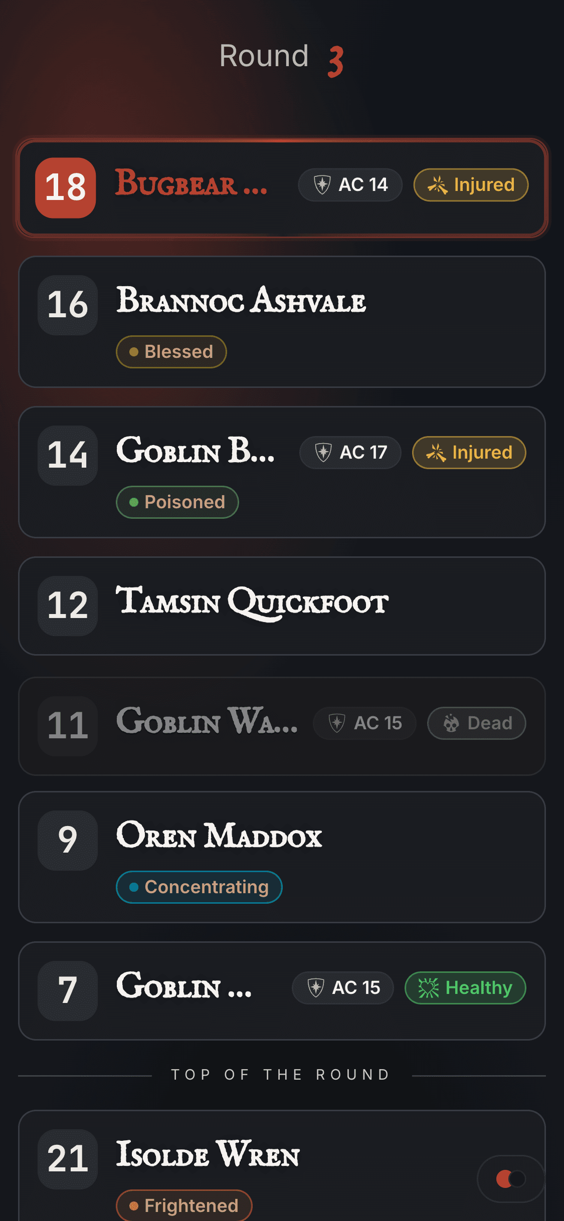The player view at phone width, with the initiative order, health status, and condition pills all readable.