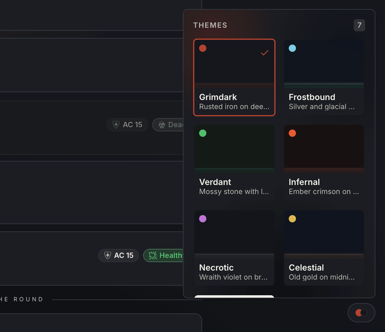 The theme picker open in the bottom-right of the player view, showing theme cards for Grimdark, Frostbound, Verdant, Infernal, Necrotic, and Celestial.