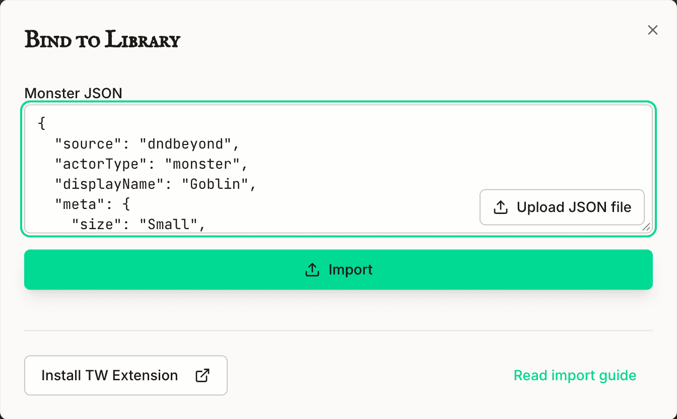 The Bind to Library dialog with a Goblin stat block pasted into the Monster JSON box, above the Import button.