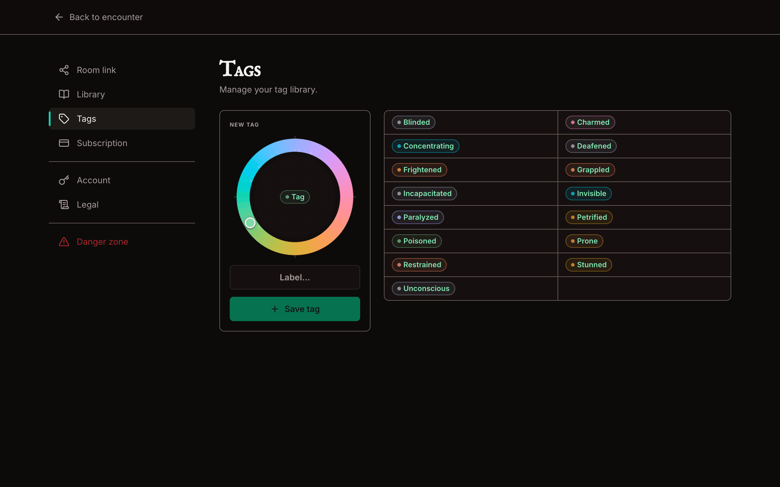 The Settings Tags pane in TurnWarden showing the composer on the left and the seeded preset grid on the right.