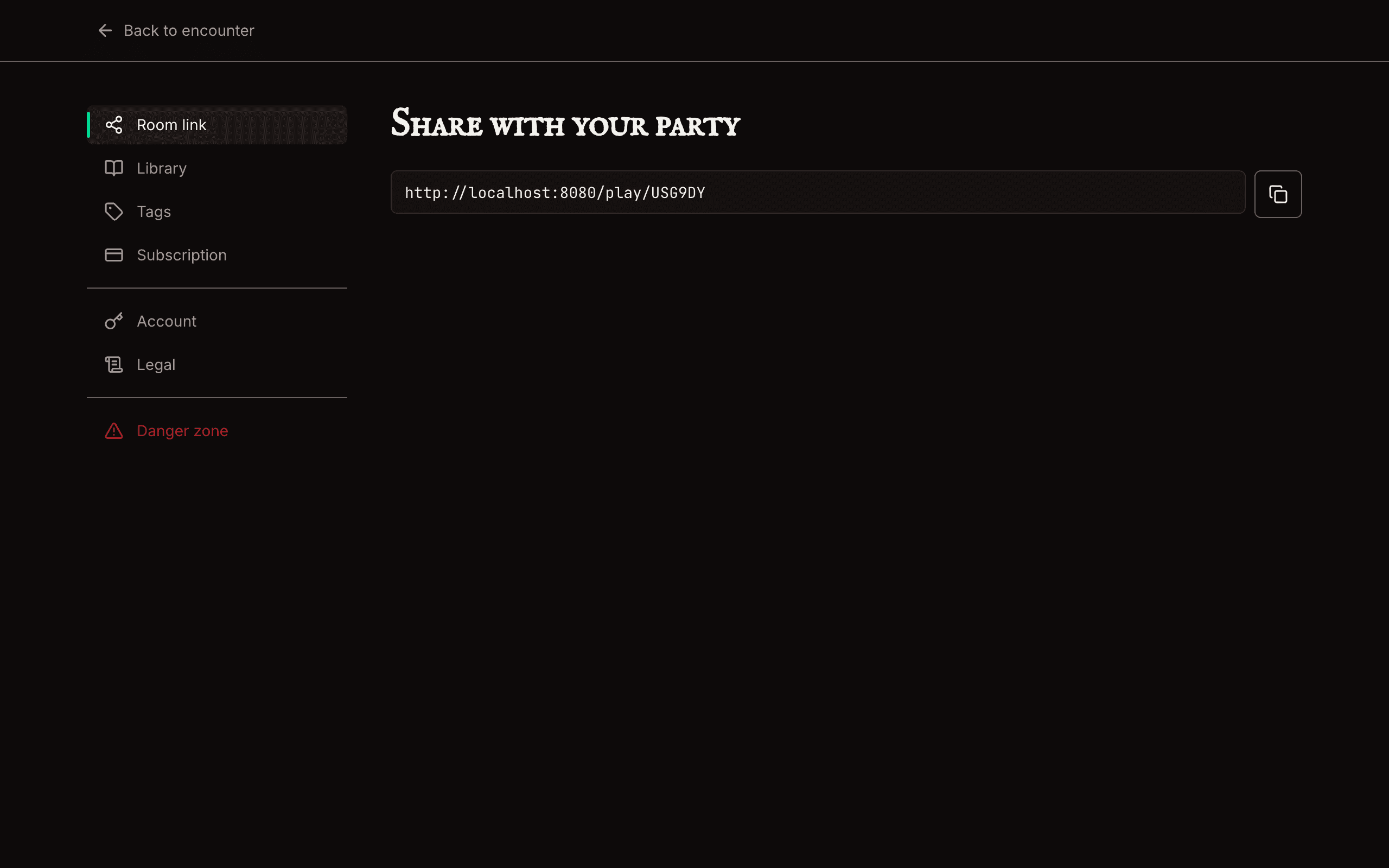 The Share with your party pane in TurnWarden Settings, showing the player view URL and a copy button.
