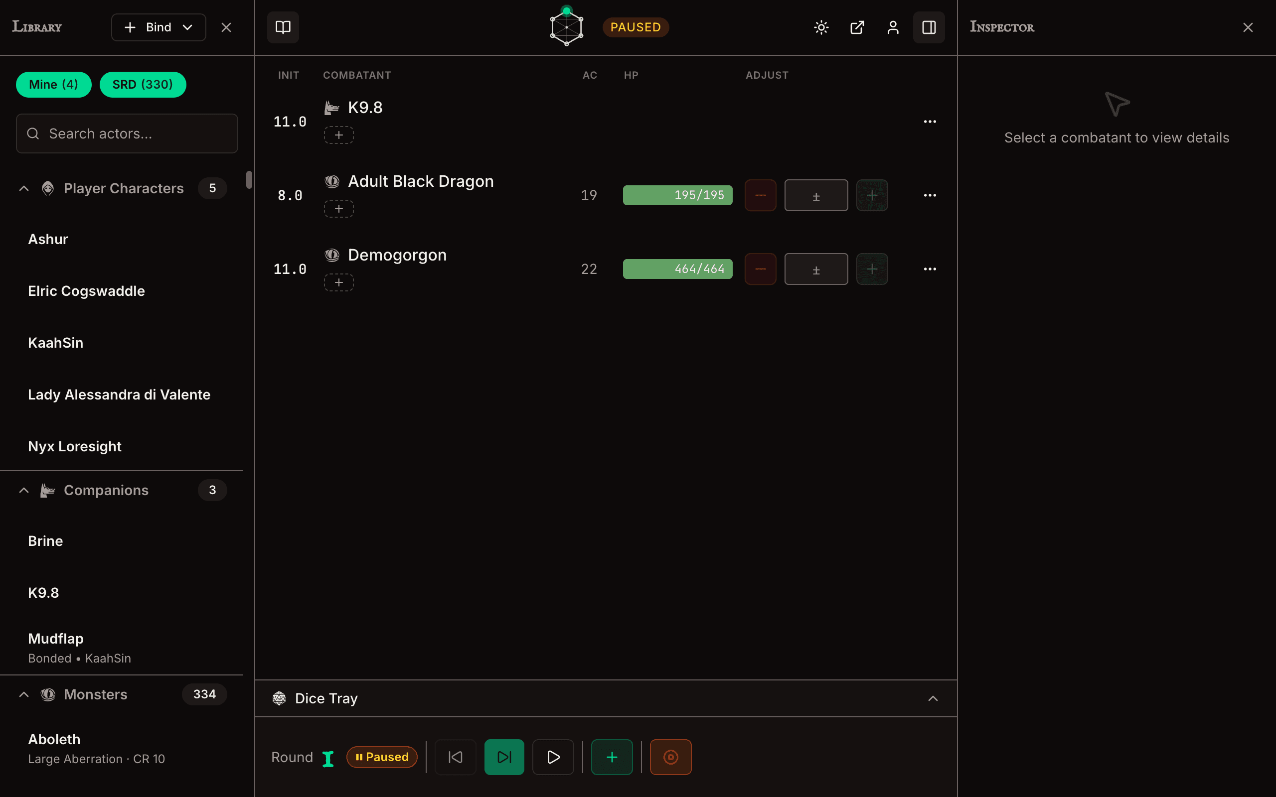 The TurnWarden DM tracker showing a paused combat encounter with the amber Paused badge in the combat info bar, plus multiple combatants and conditions still visible.