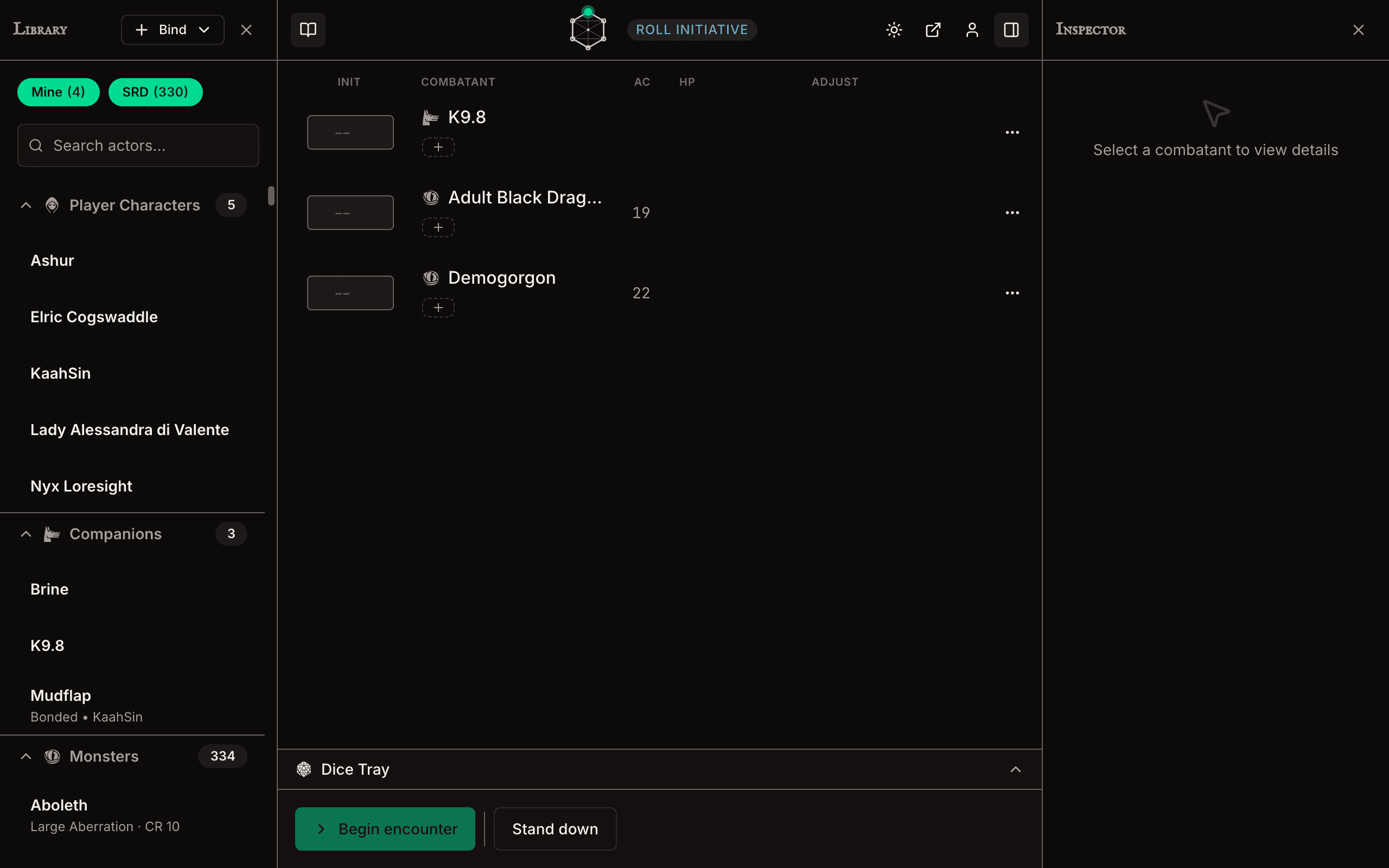 The initiative input panel in TurnWarden showing initiative values being entered for a group of combatants.