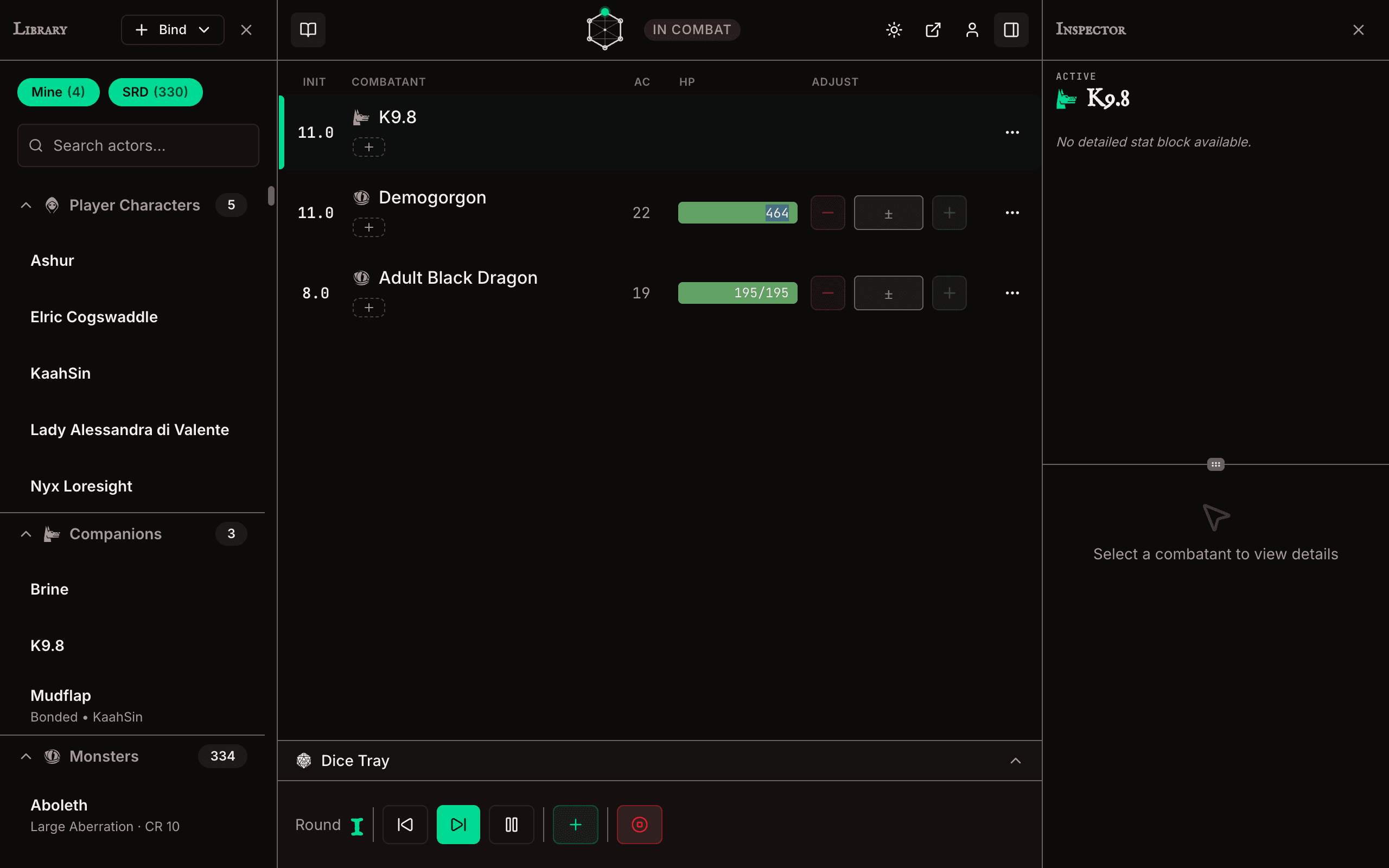 The HP editor open on a combatant row in the TurnWarden tracker, showing the damage and heal inputs.