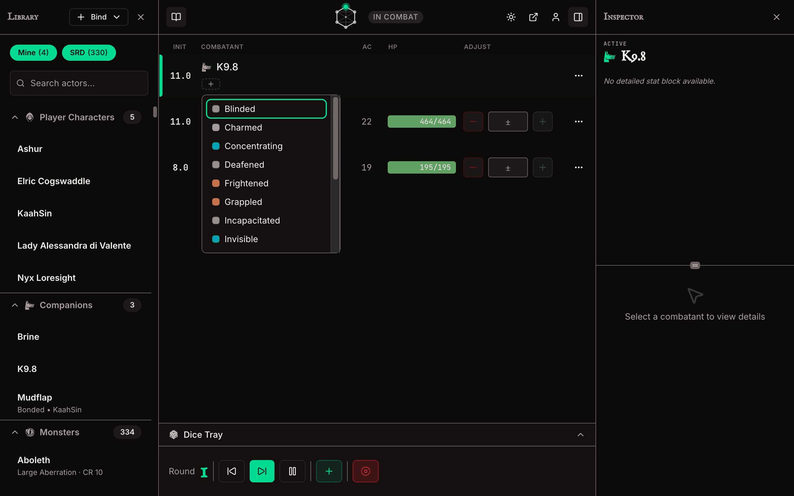 The tag picker open on a combatant in the TurnWarden tracker, showing condition presets and custom tags in a single list.