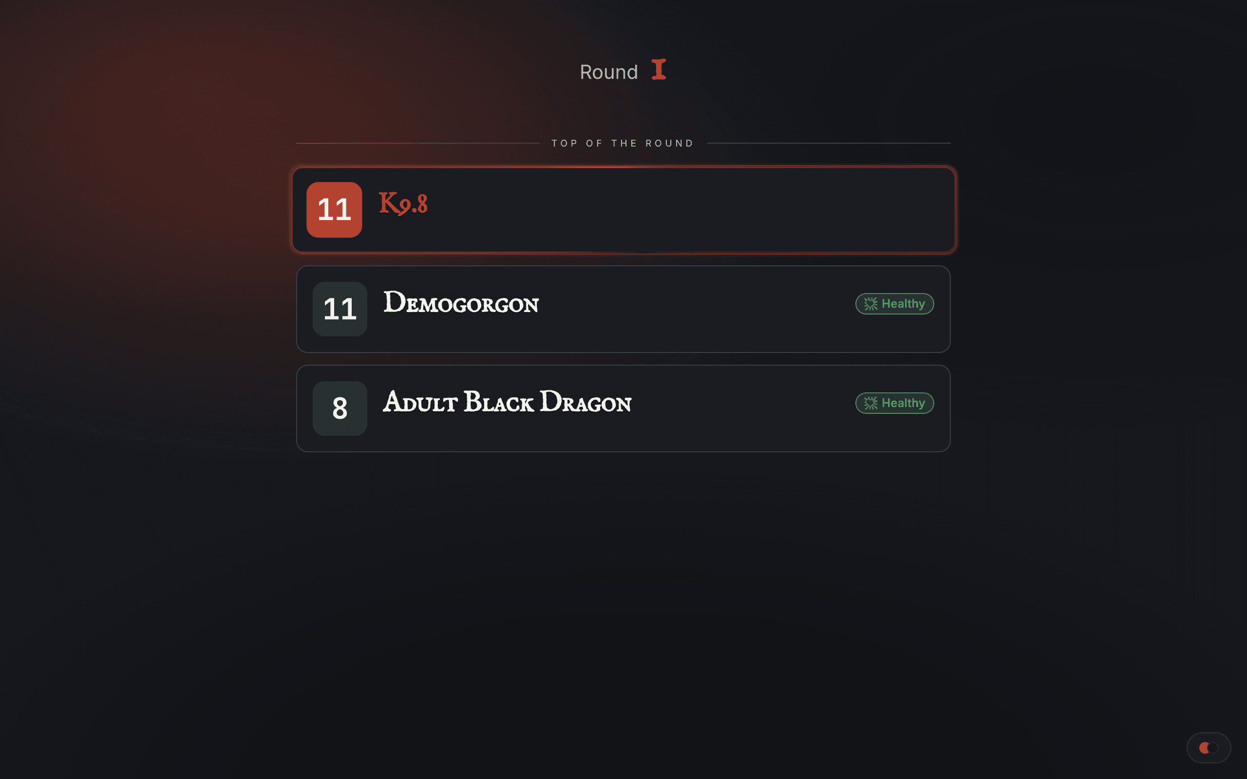 The TurnWarden player view open in a browser at desktop width, showing the initiative order and round counter.