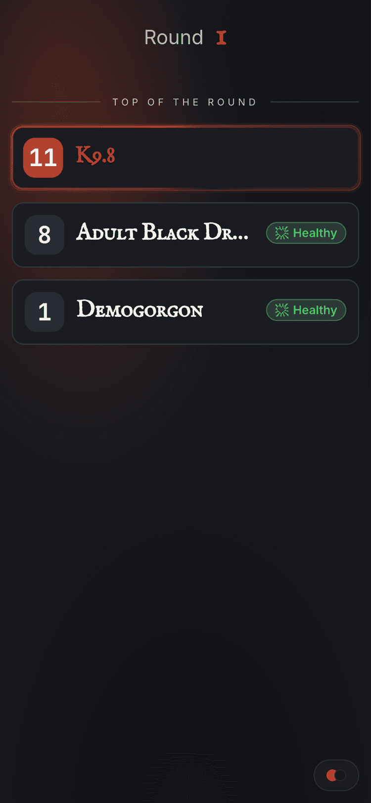 The player view rendered at iPhone width with full visual polish, initiative order, HP, and conditions all visible.