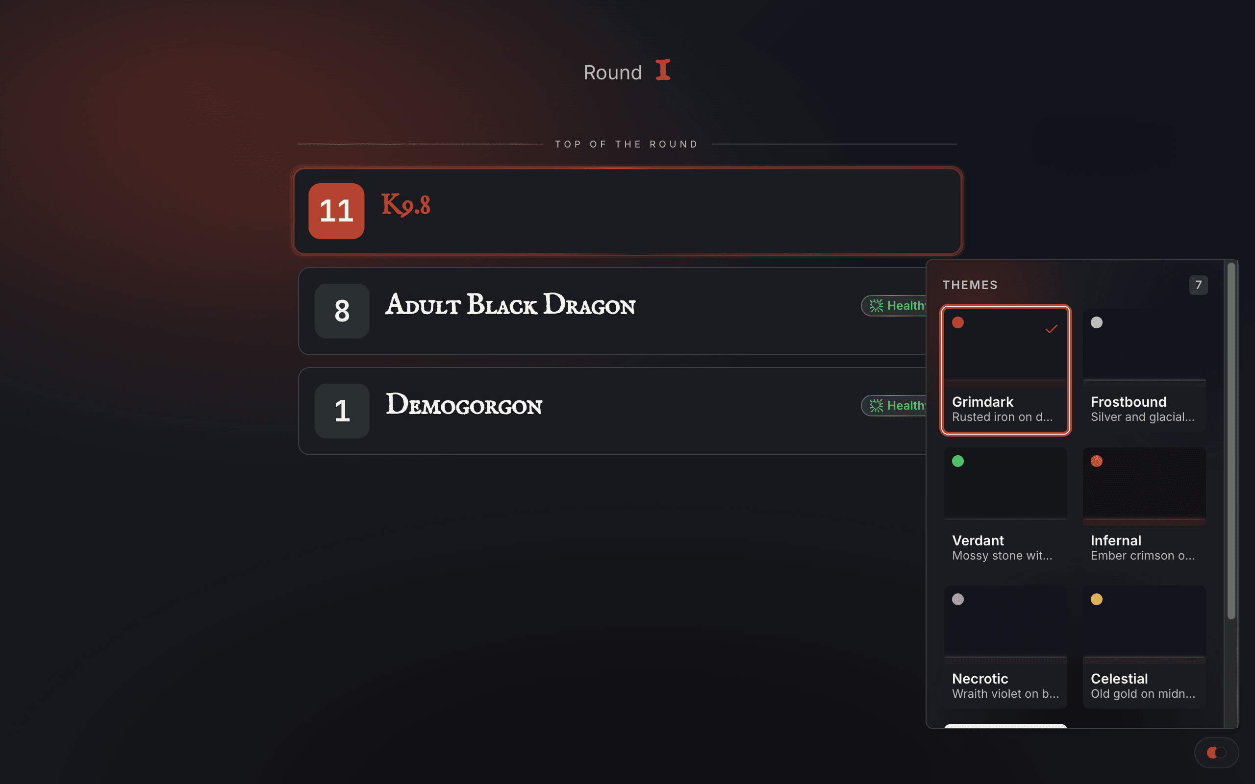 The TurnWarden player view with the theme picker open, showing the seven available themes.