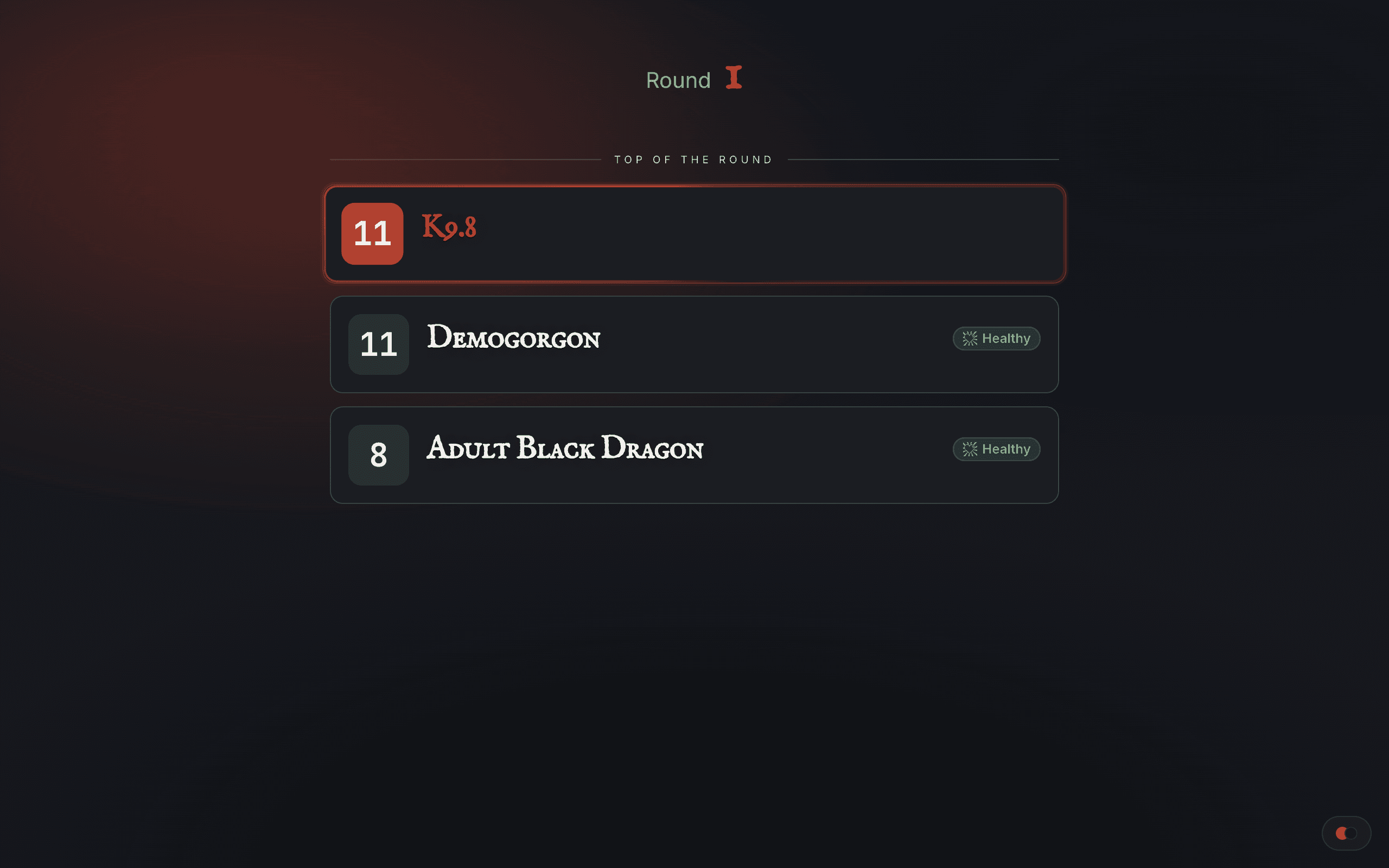 The TurnWarden player view rendered in a browser, mirroring the DM tracker's initiative order and HP totals.