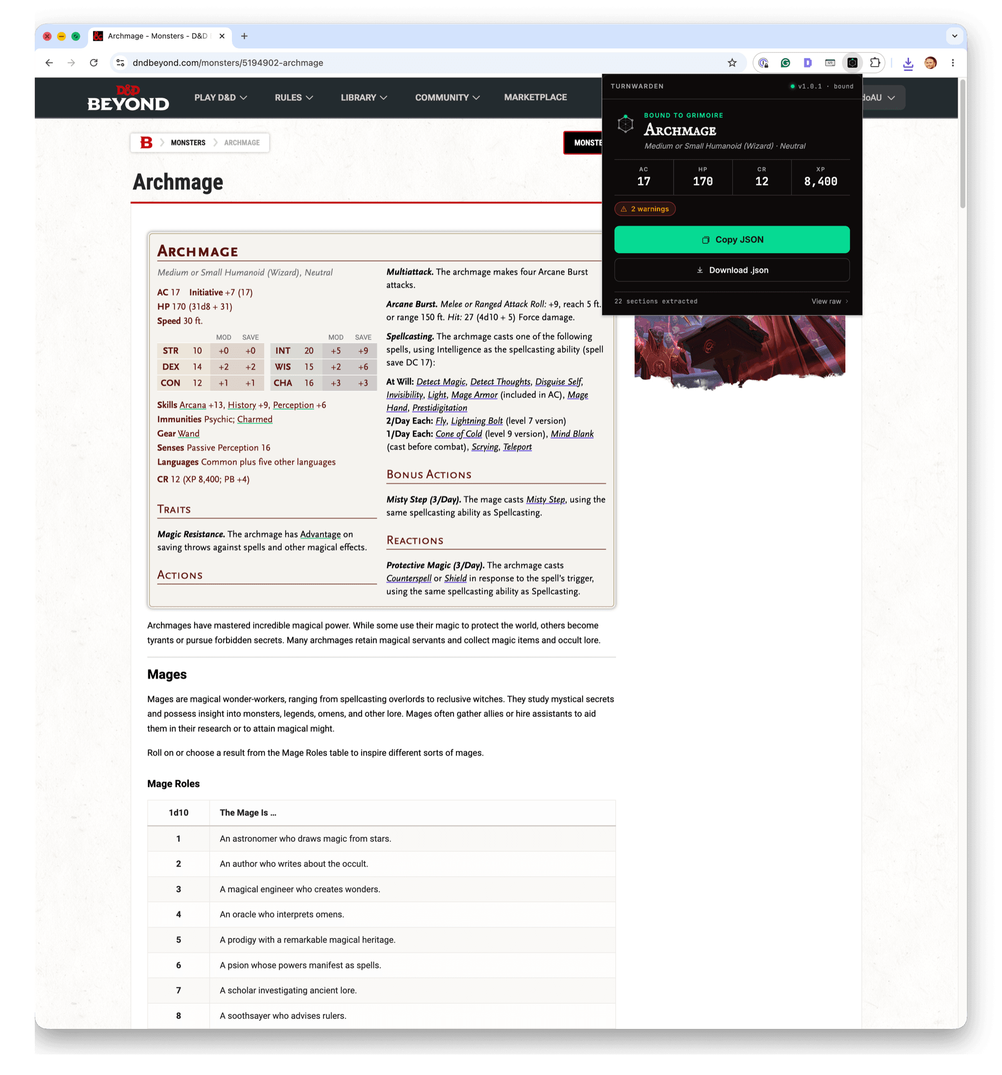 The TurnWarden Extension popup open on a D&D Beyond monster page, showing the parsed stat block ready to copy.