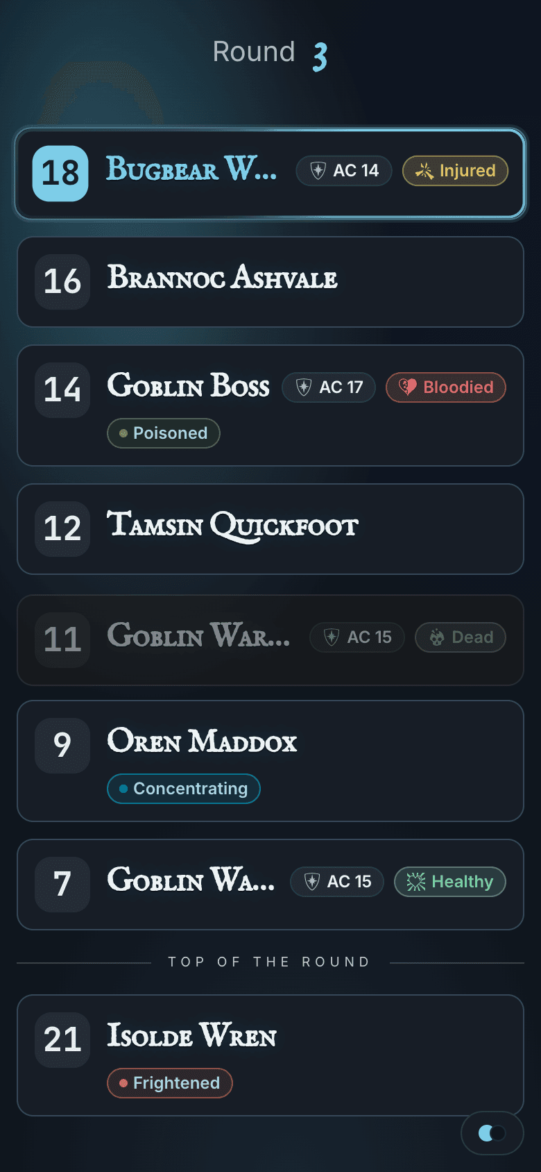 The Player View on a phone in the Frostbound theme: the initiative order in Round 3, with the Bugbear Warrior Injured and the Goblin Boss Bloodied.