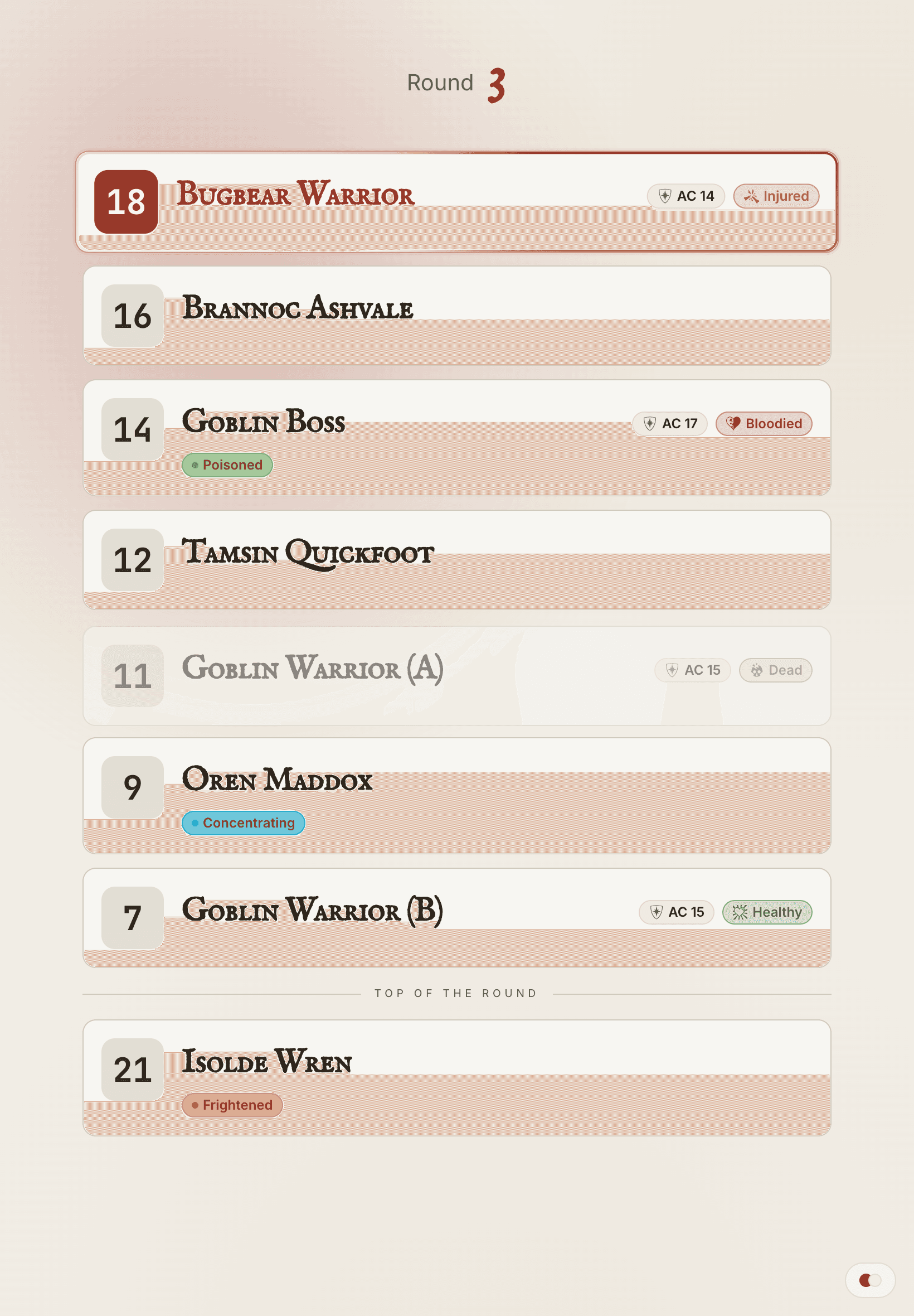 The Player View on a tablet in the light Spellbook theme: the initiative order in Round 3, with conditions under each name.